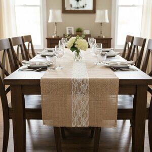 Celebrate Burlap Table Runner With Lace 12 In X 8 Ft Beige & White Rustic Weddin